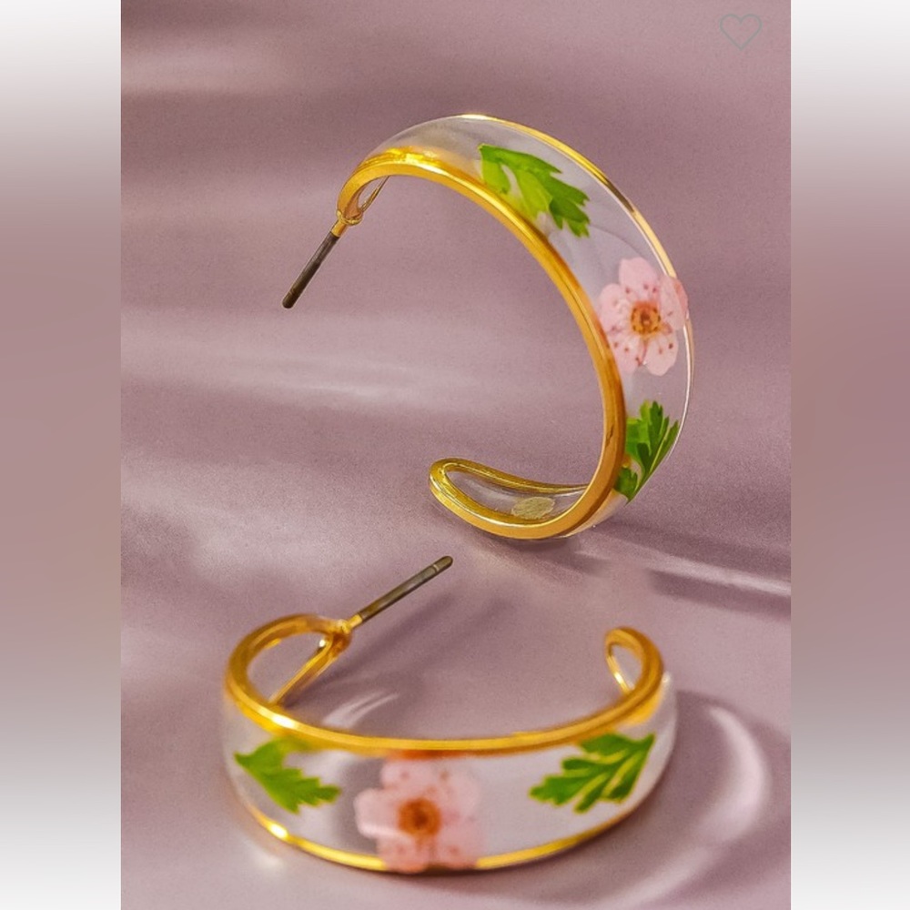 Handmade Gold Resin Hoop Earrings with Dried Pink Flowers